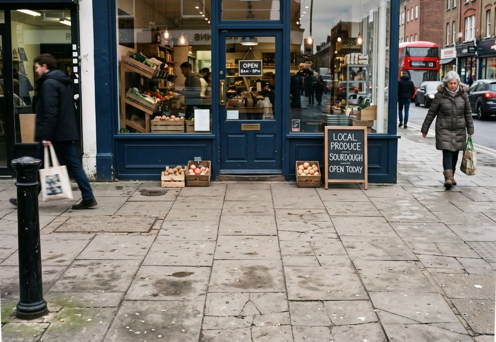 a stretch of pavement directly in front of a well-kept, fully operational shop on a typical South East London high street